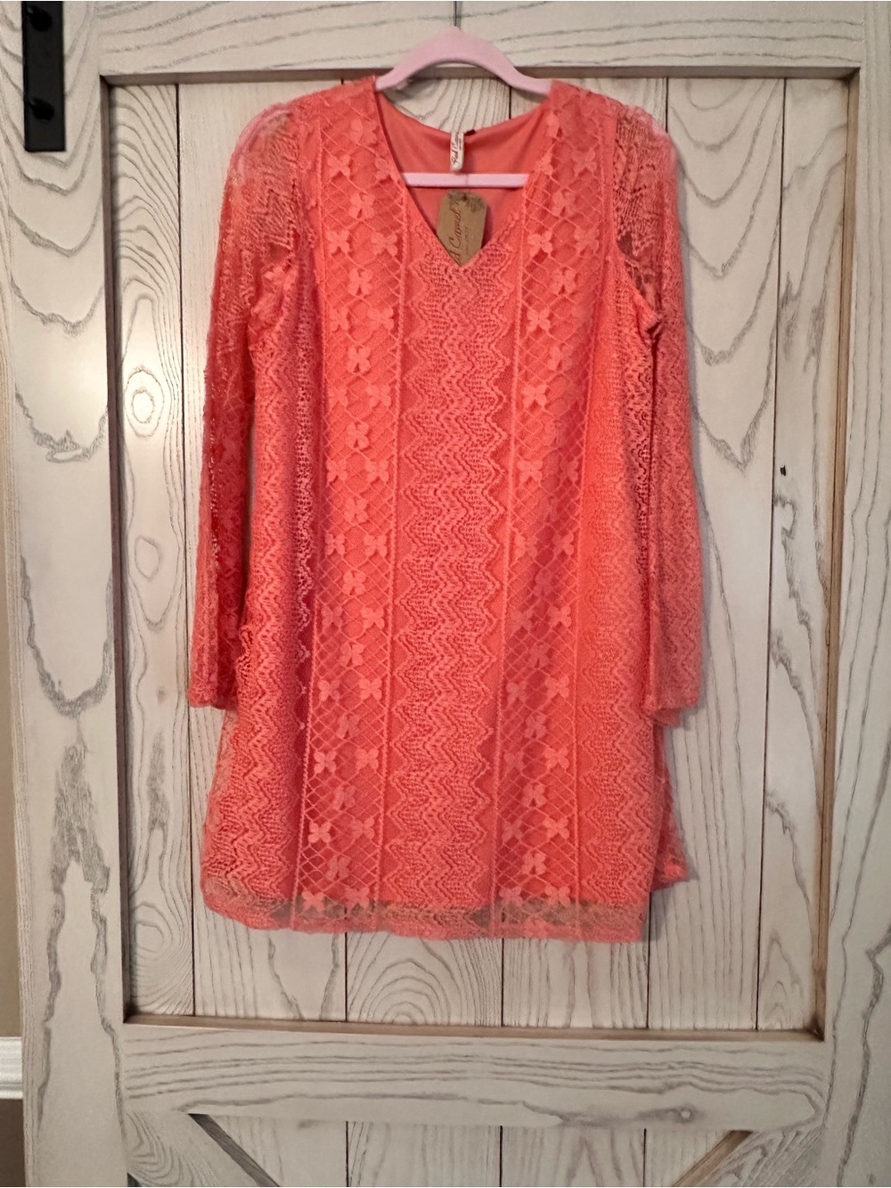 Red Camel Coral Lace Midi Dress with V-Neck